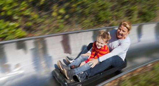 Frau und Junge auf der Sommerrodelbahn im Spielpark Wingst, © Tourismus GmbH Wingst/ Bernd Otten