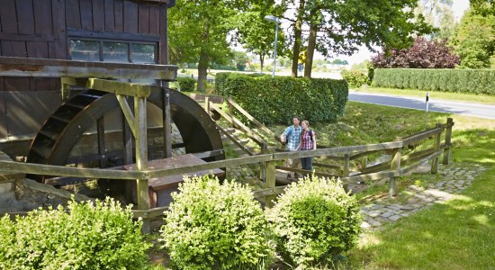 Wanderer vor Schoneveld's Mühle, © Grafschaft Bentheim Tourismus e.V./ Schubert