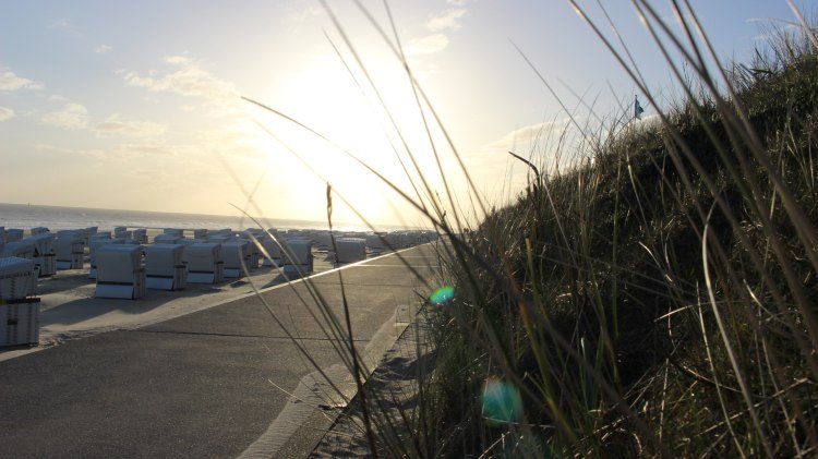 Blick auf den Strand mit Strandkörben im Sonnenaufgang, © Kurverwaltung Wangerooge