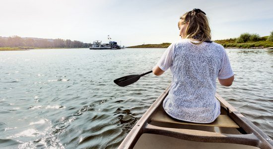 Frau fährt Kanu auf der Elbe