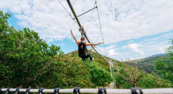 Frau und Kind schweben über den Bäumen, strecken die Arme zur Seite aus, © BaumSchwebeBahn Harz/ Nordstadlicht