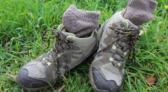 Wanderschuhe auf einer Wiese, © Mittelweser Touristik GmbH