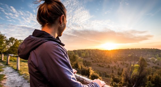 eine Frau steht im Totengrund in der Lüneburger Heide und genießt den Ausblick, © Lüneburger Heide GmbH